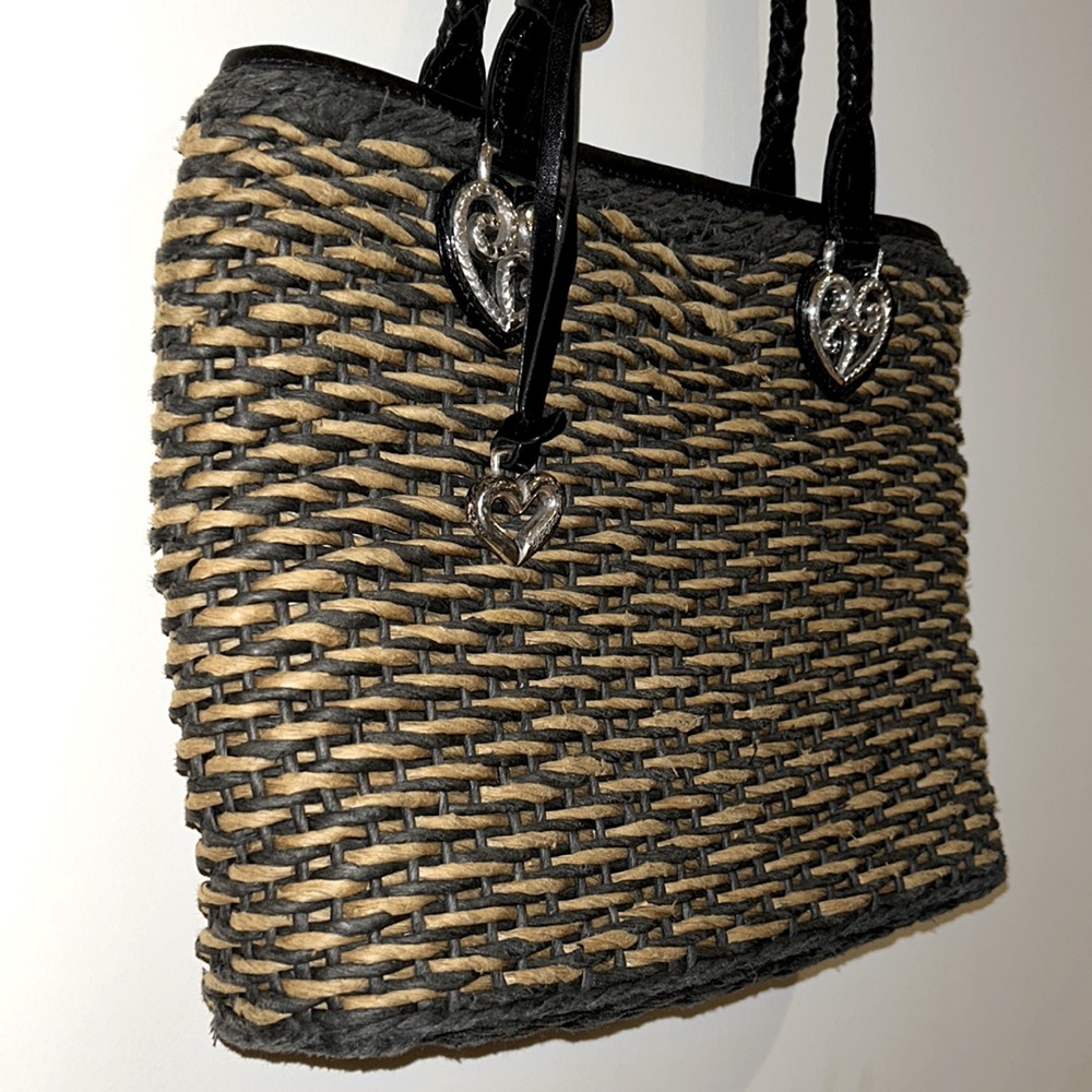 ✨ BRIGHTON ✨ Vintage Raffia Weave Straw Leather Trim Black/Brown Bucket Bag - Picture 3 of 16